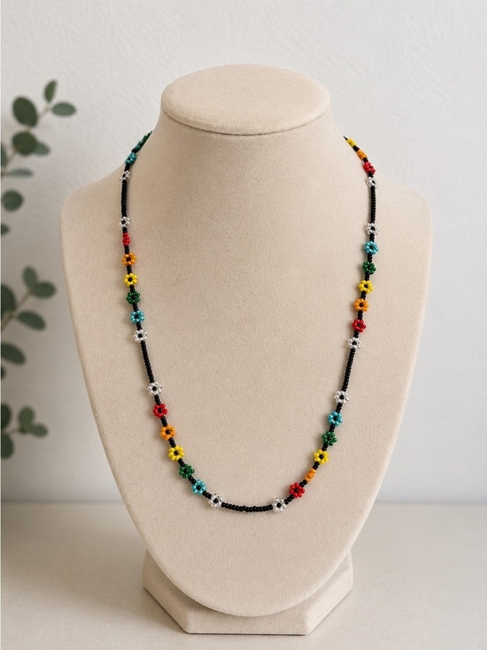 Other Jewelry - Black Multicoloured Beaded Flower Necklace Handmade Floral Jewelry Unique Gift